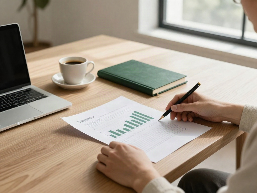 An analyst reviewing financial charts and strategic priorities at a sunlit desk